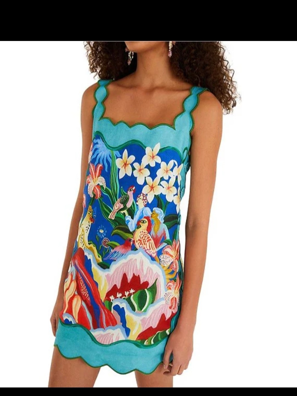 Floral Tropical Scallop-Edge Slip Dress - Turquoise Blue